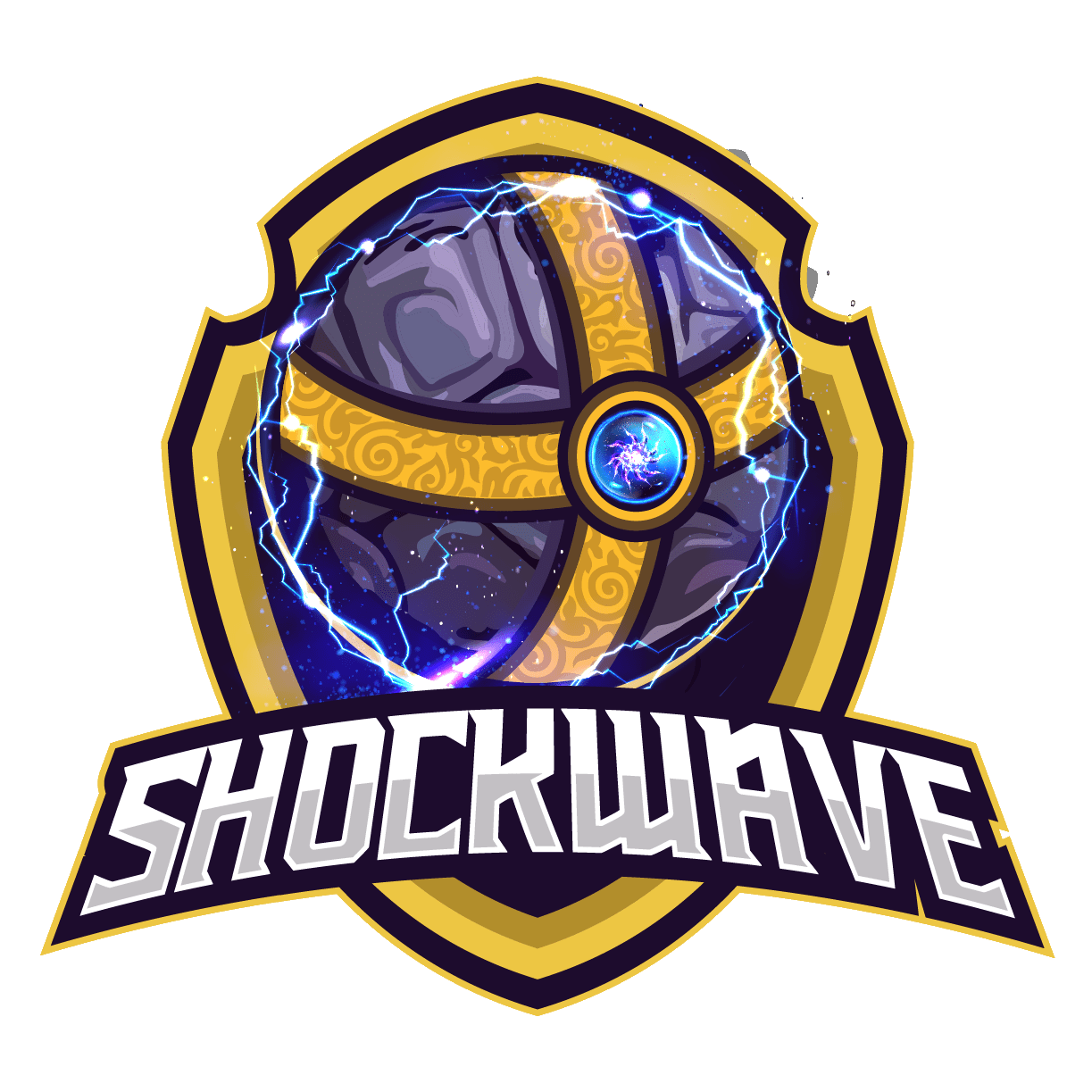 Shockwave crest: a stone-and-gold orb wrapped in lightning inside a shield